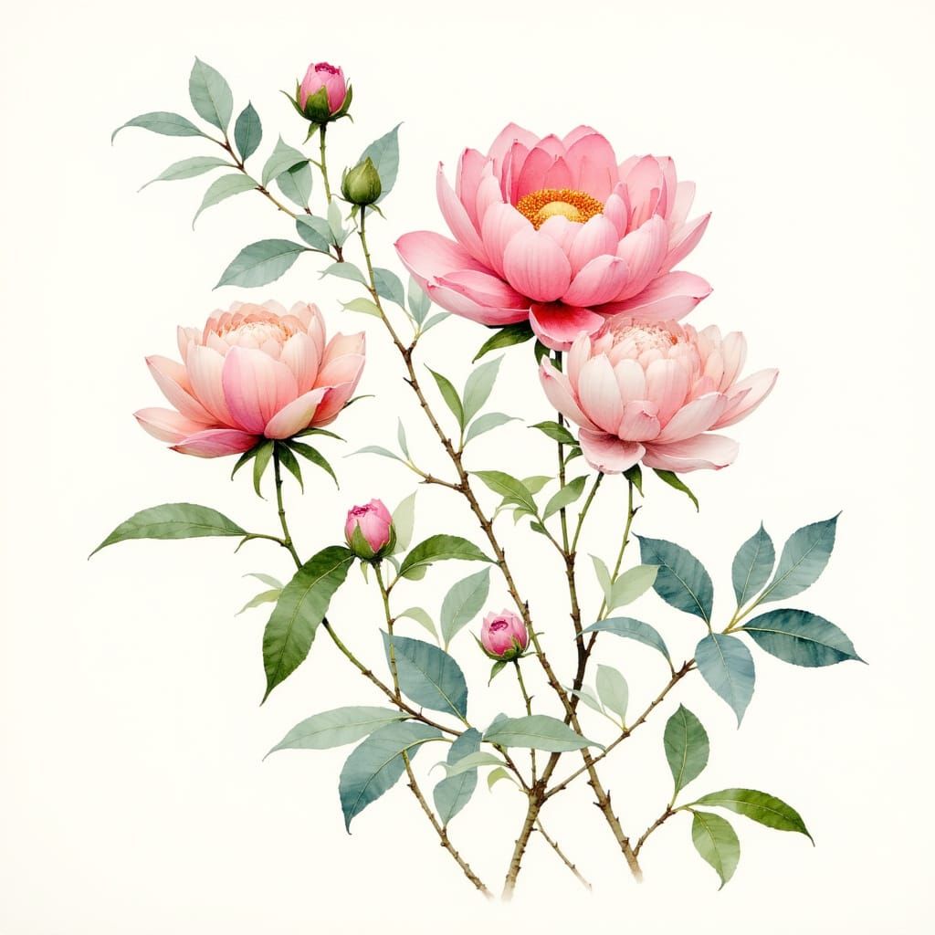 Botanical Study of Peonies and Eucalyptus in Watercolor