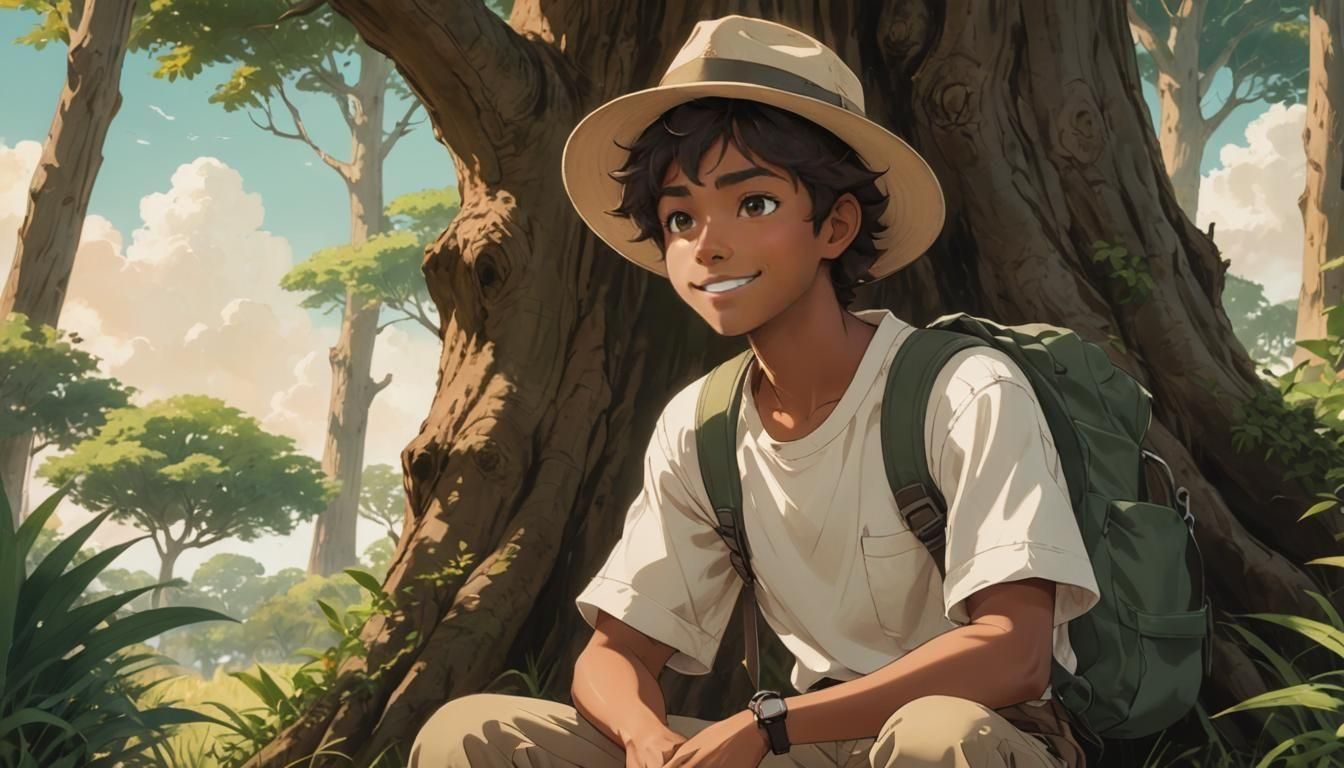 Anime Teen Explorer Rests in Sunny Savannah