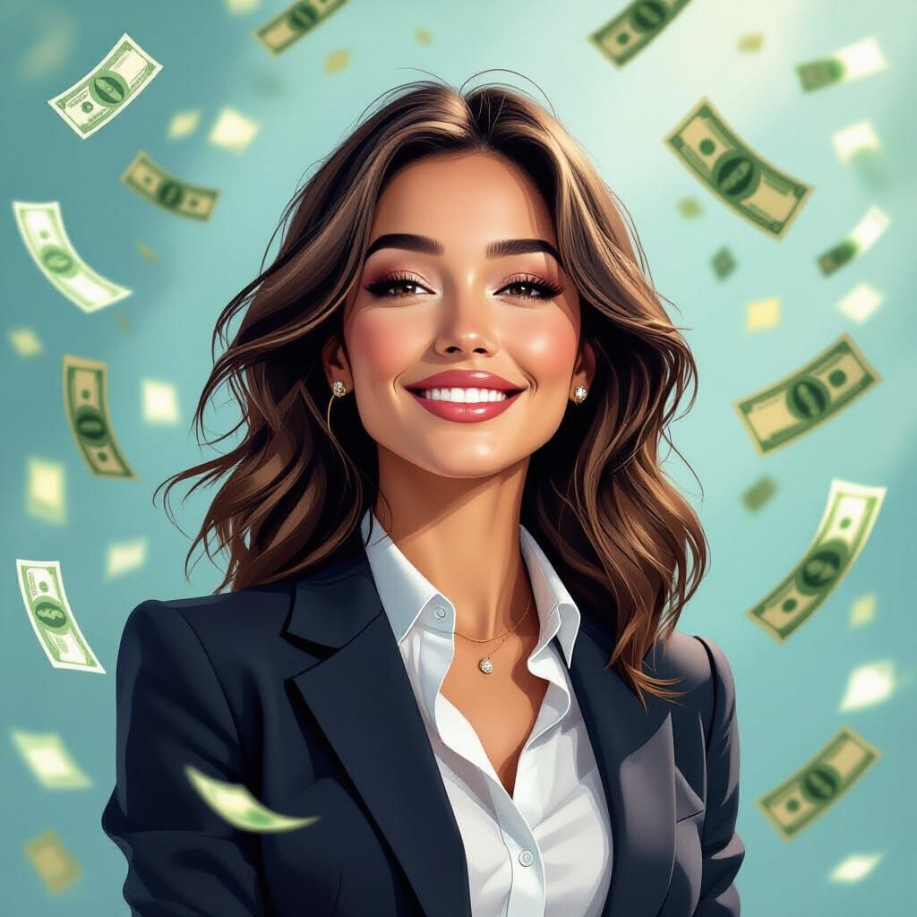 Woman Surrounded by Money in a Digital Art Style