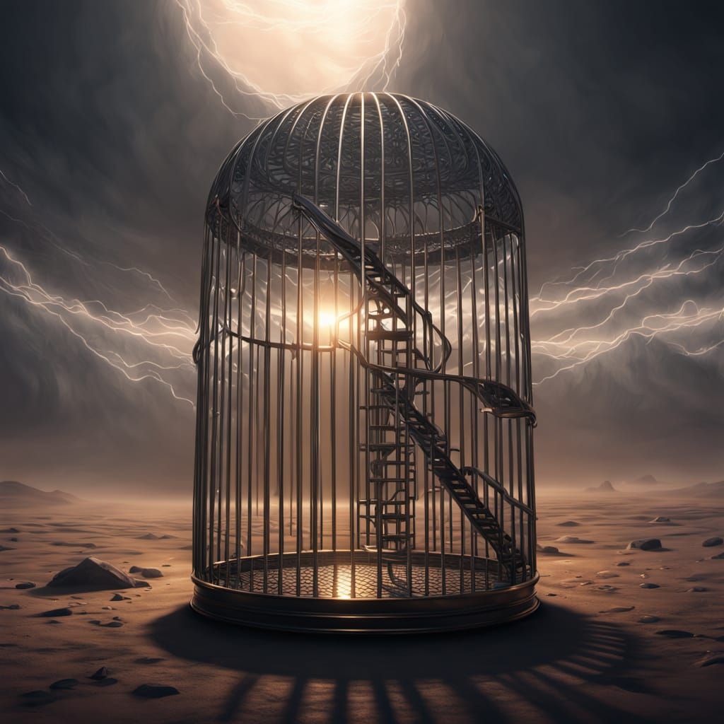 Surreal Metallic Cage in Desolate Landscape with Light Key