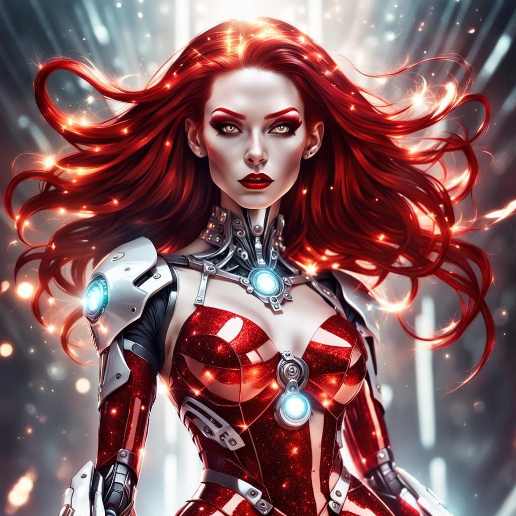 Shiny Cyborg Girl in Cartoon Style with Red Gown