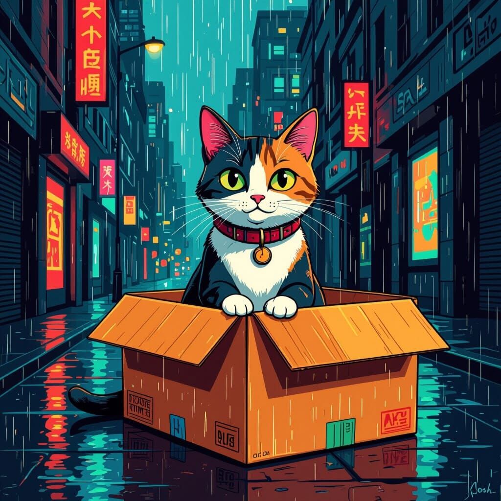 Curious Cat in Vintage Box on Rainy City Street