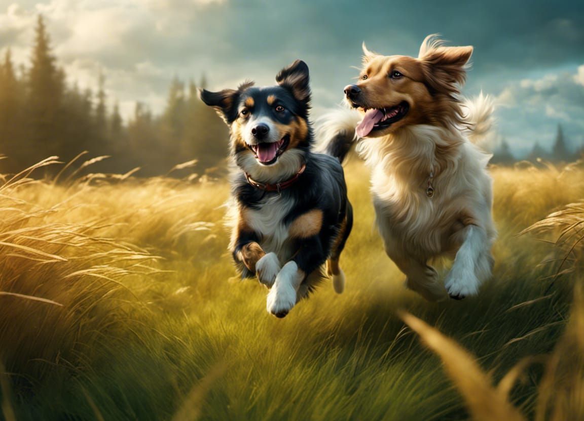 Cute Dogs Running in Grassy Field: Matte Painting