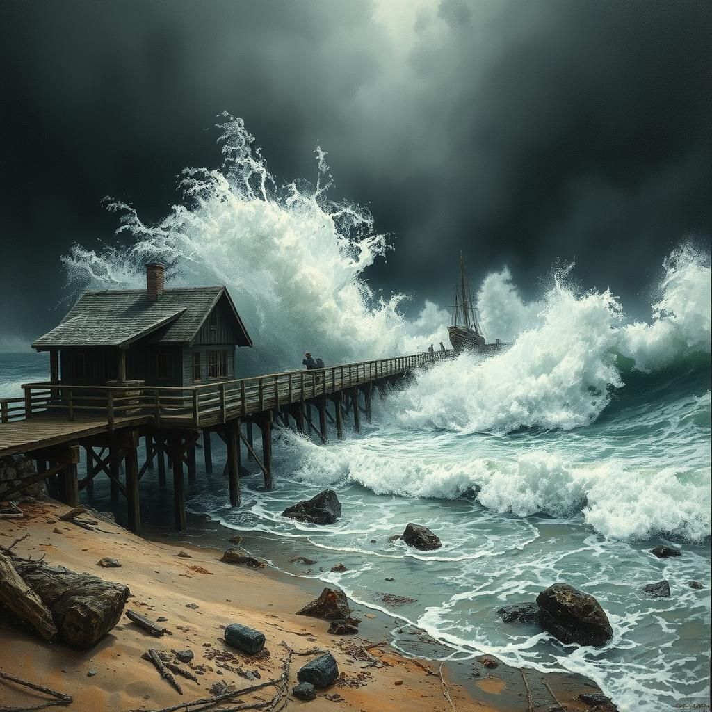 Hurricane raging ashore with huge white cap waves coming ash...