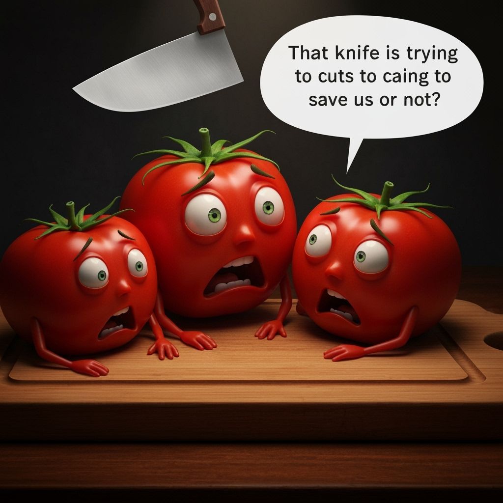Tomatoes Fear Chef Knife in Surreal Cartoon Style