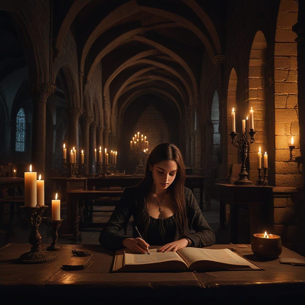 Gothic Woman Reading in Dark Monastery
