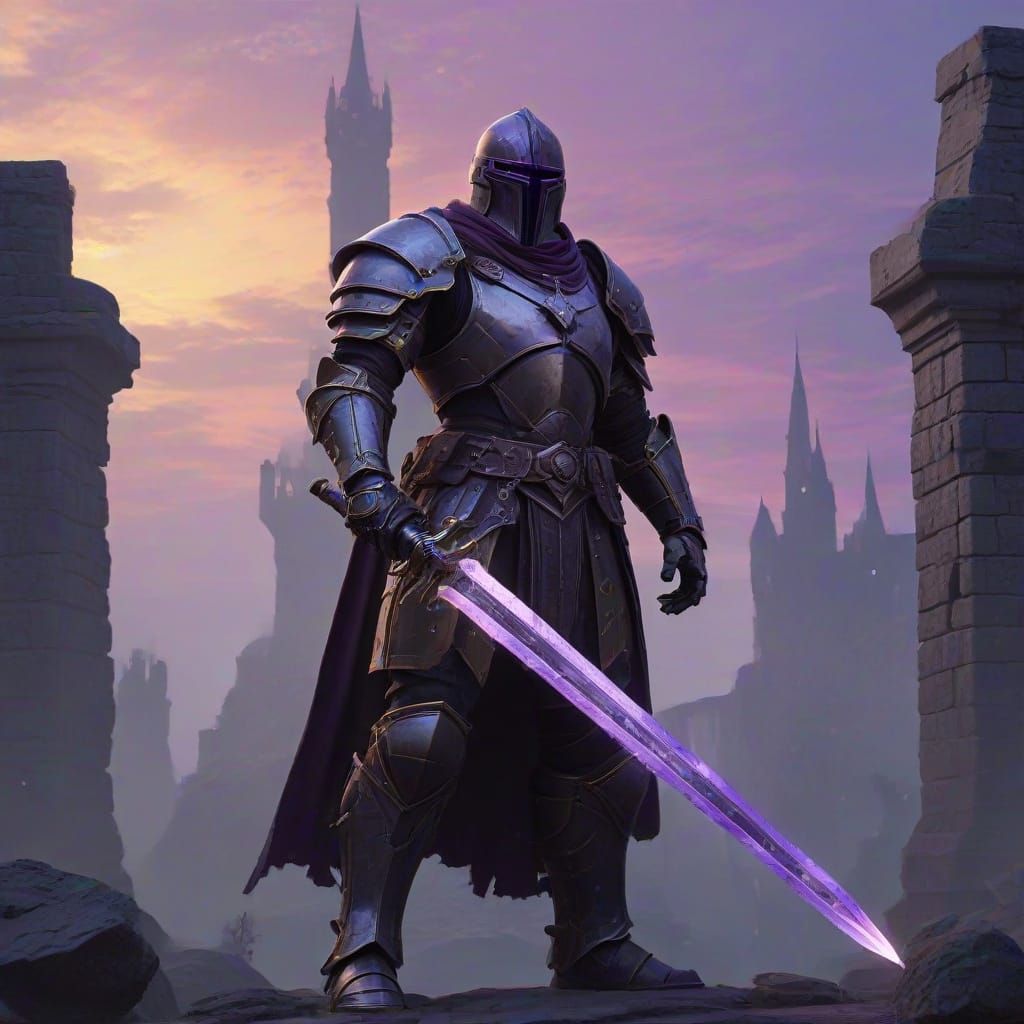 Epic Dark Fantasy Knight in Ruined Castle at Night