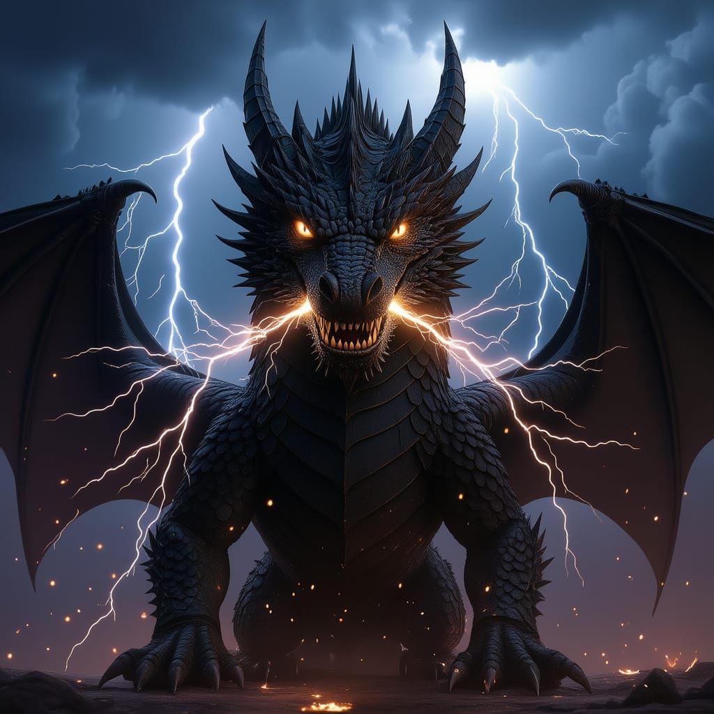 Majestic Black Dragon Breathing Lightning