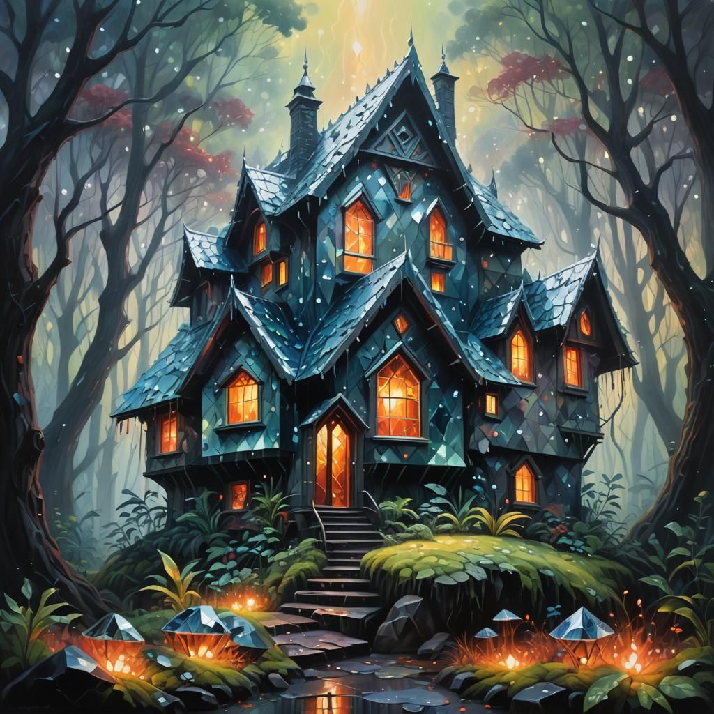 Diamond House in Misty Forest: Surreal Oil Painting