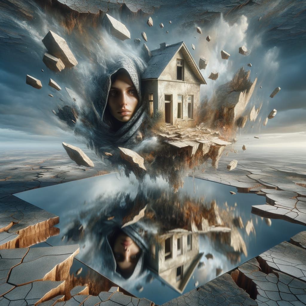 Inverted House in Shattered Landscape Reflected in Mirror