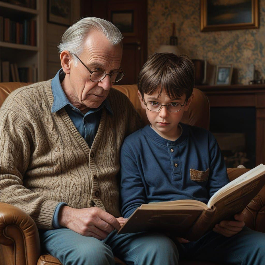 Cozy Moment Between Grandfather and Grandson in a Warm Livin...