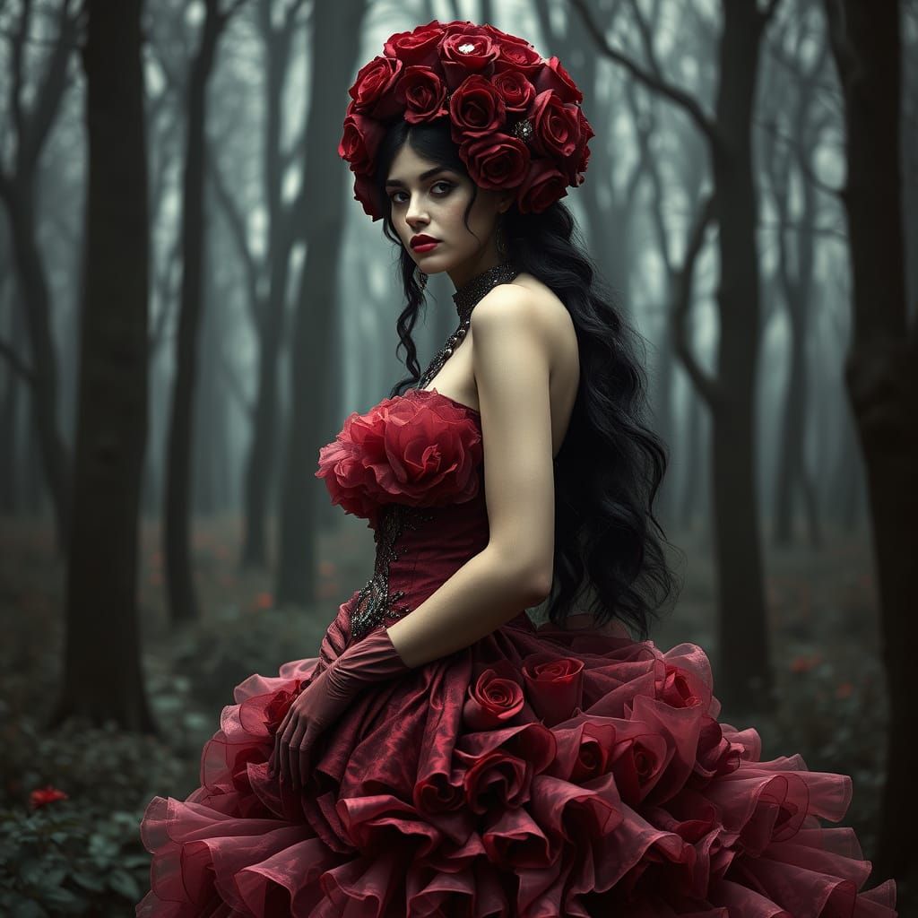 Gothic Rose Queen in Dark Forest, Art Nouveau Style