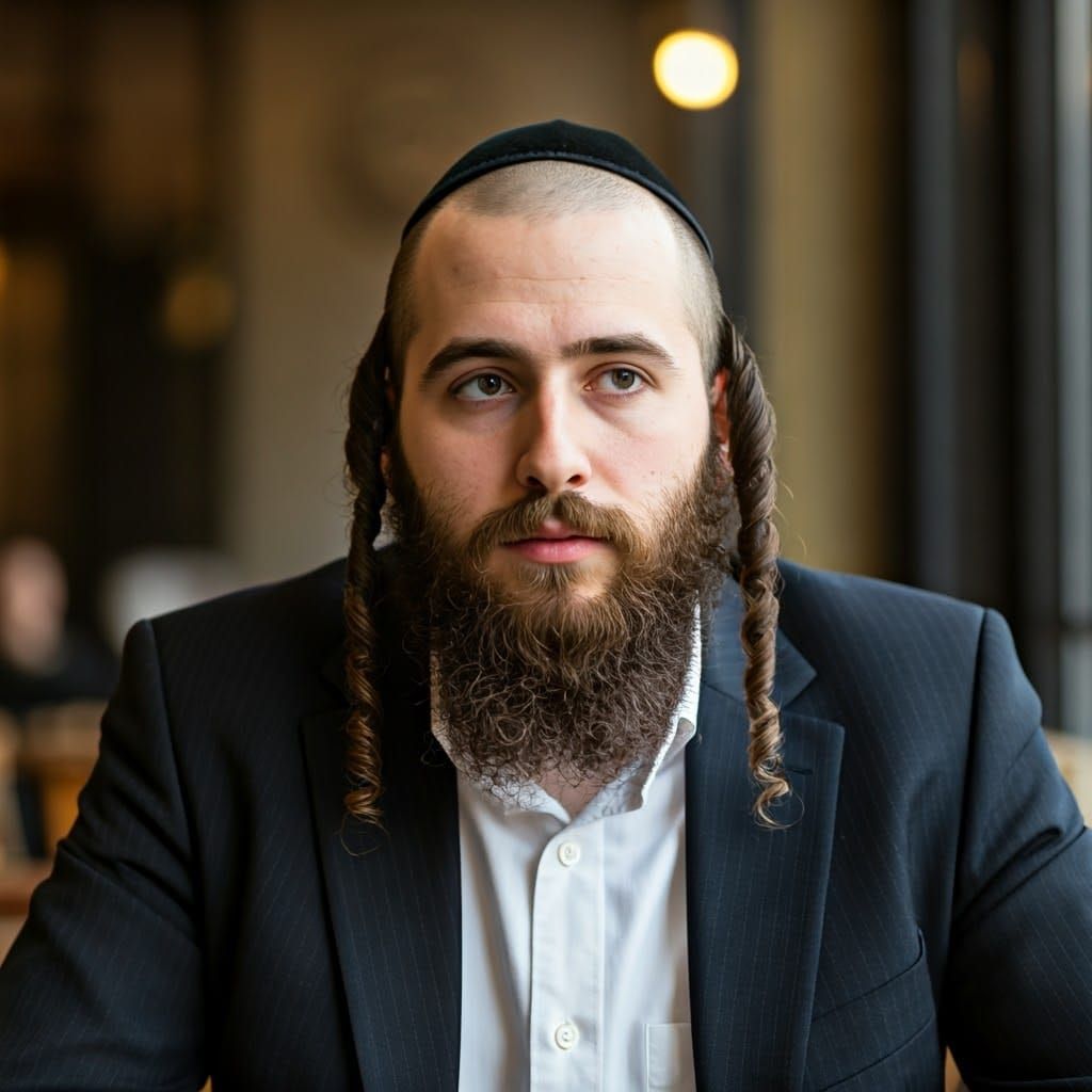 Thoughtful Hasidic Jew in Dreamy Pastoral Cafe