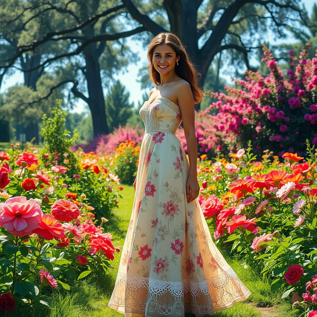 Elegant Woman in Floral Sundress Poses in Sunlit Garden