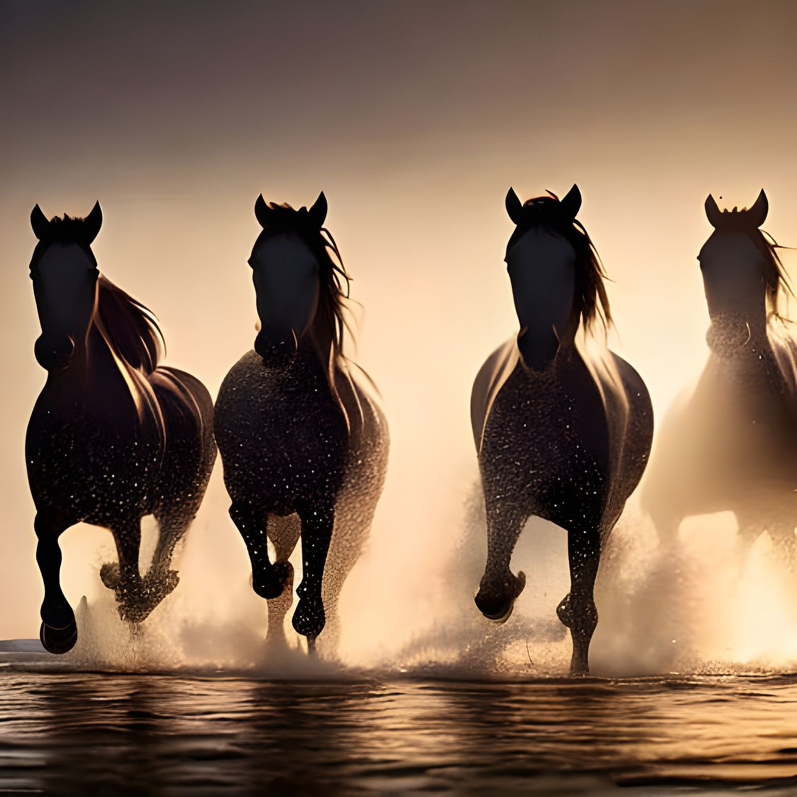 Wild Horses Galloping on Seaside at Golden Hour