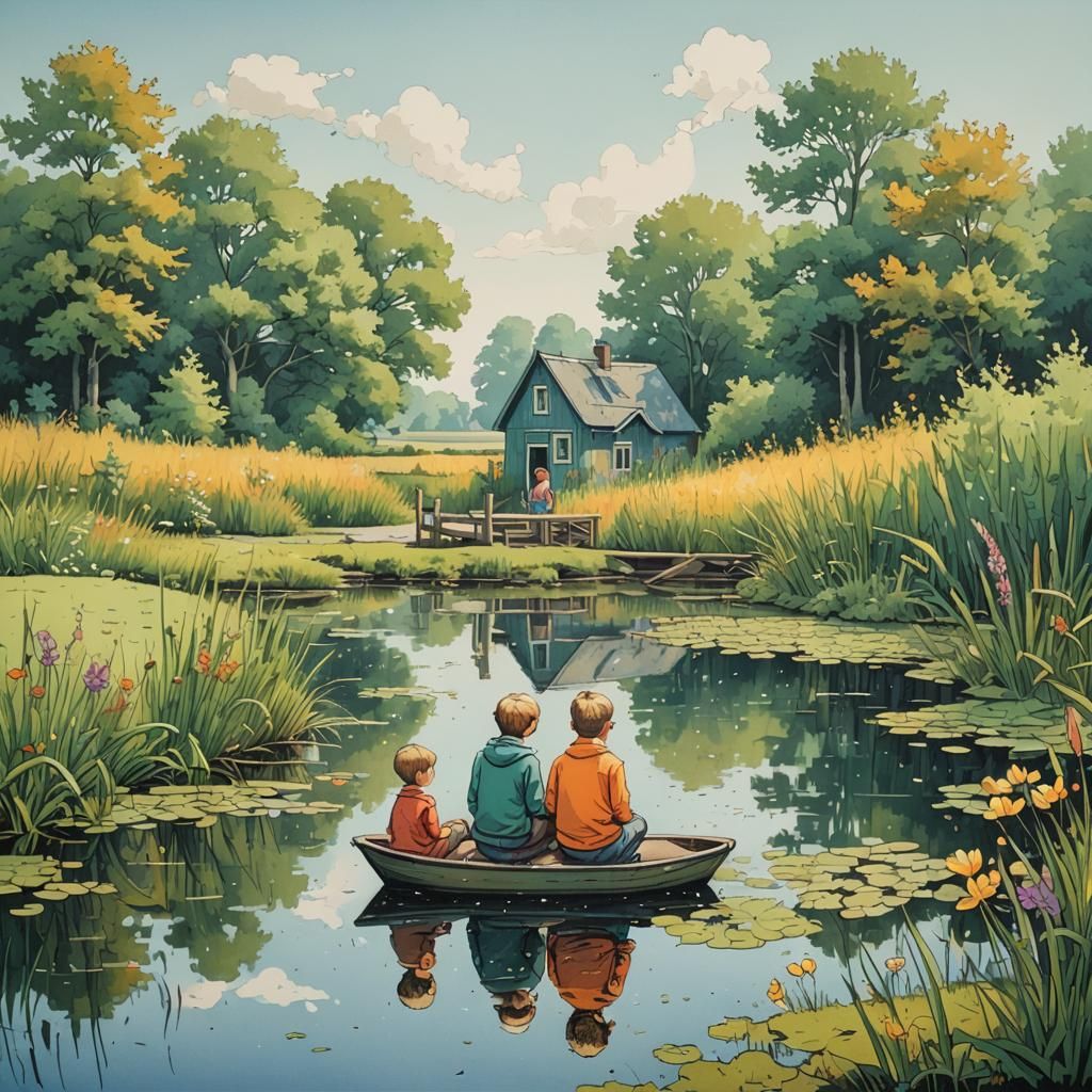 Children Watching Boat, Cartoon Stippling Style