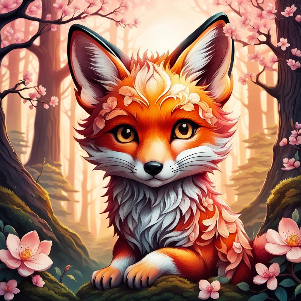 Mythical Fox Cub in Japanese Tattoo Style