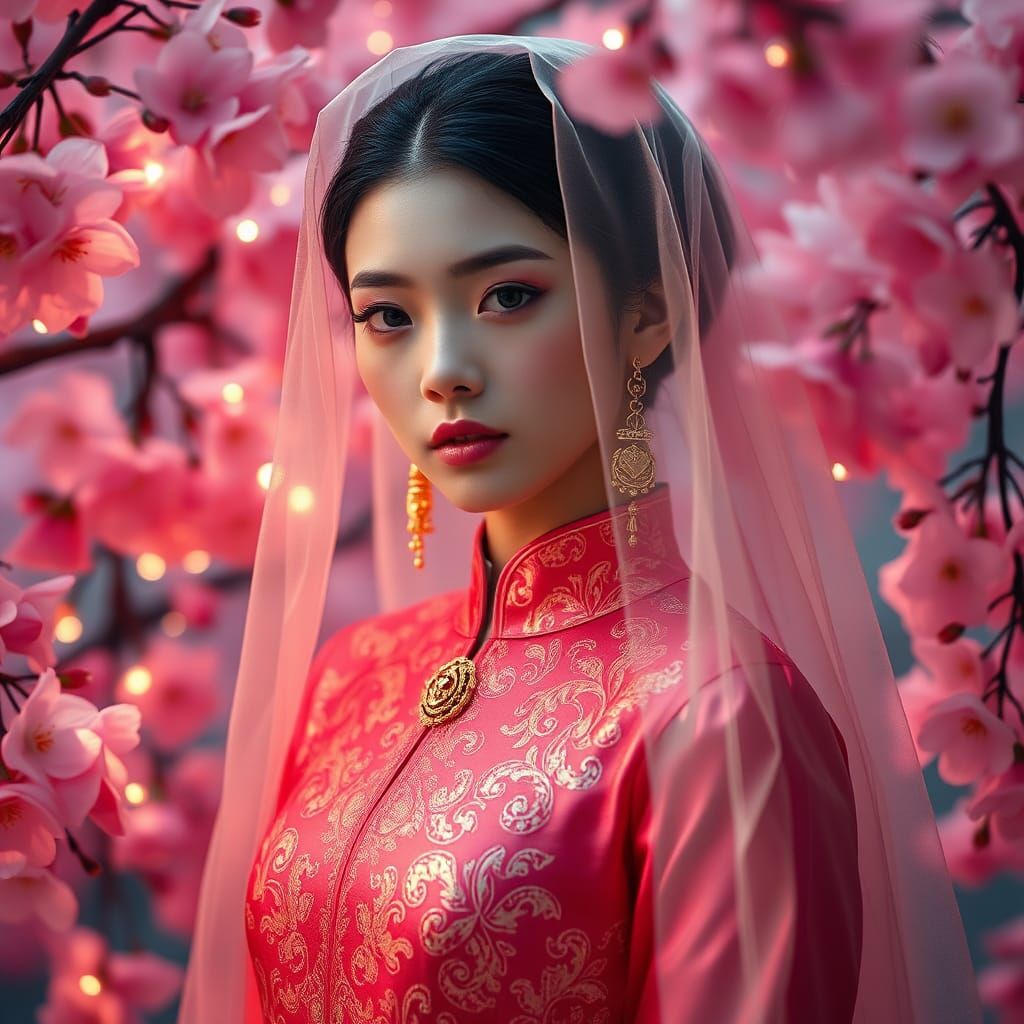 Neon Embroidery: A Hyperrealistic Woman in Silk Dress