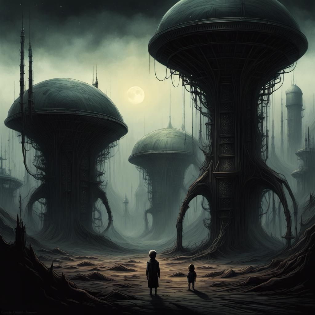 Dystopian Alien Robot Farm in Dark Fantasy Style