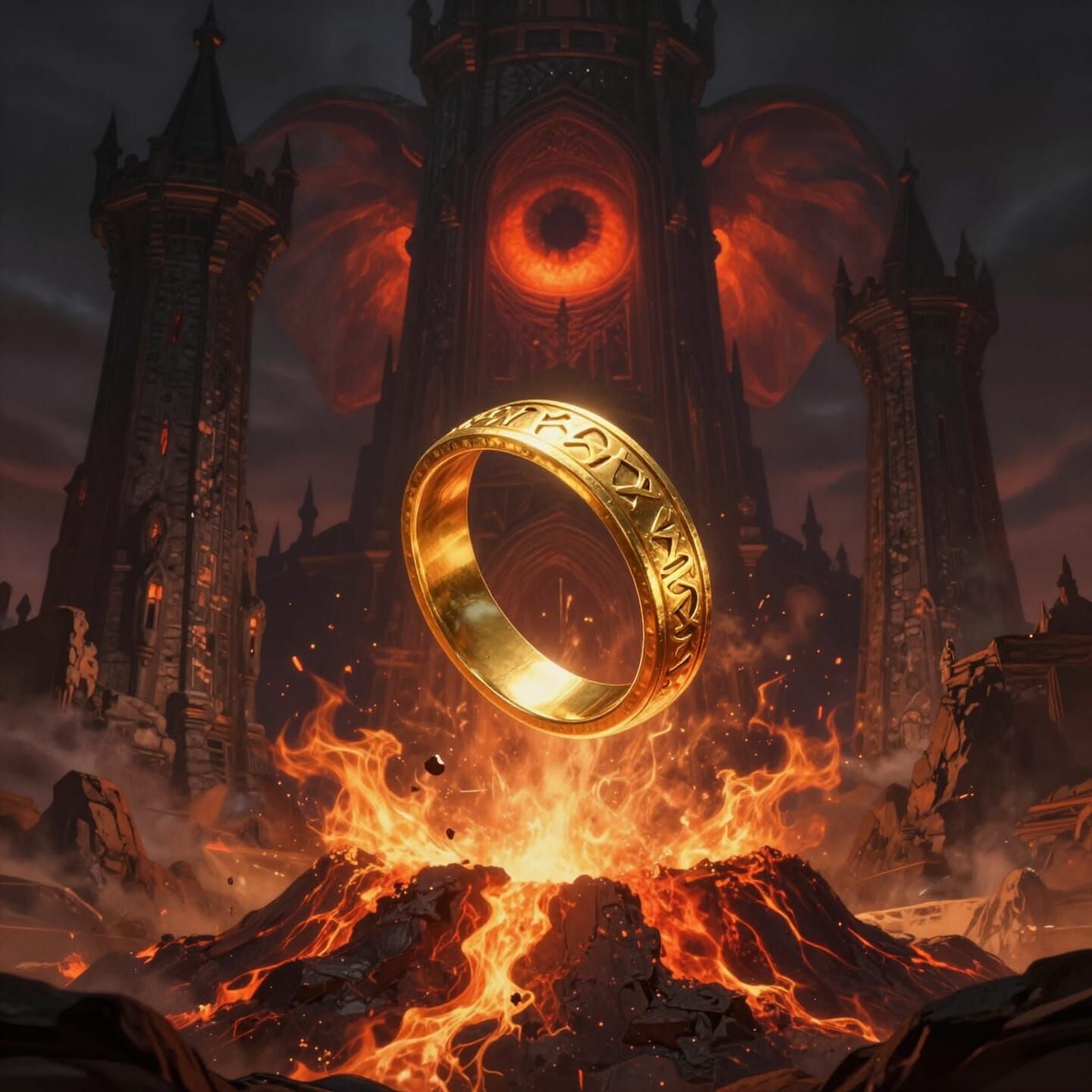 Glowing Gold Ring Above Fiery Volcano, Epic Fantasy Art