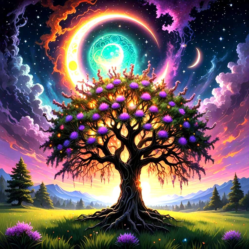 Psychedelic Flower Tree on Glowing Moon