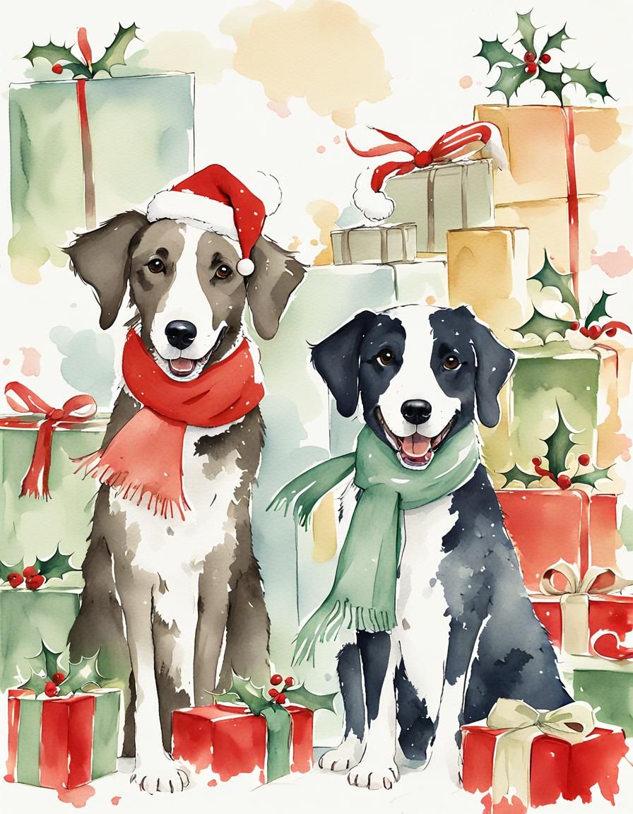 Whimsical Christmas Dogs in Line Art Style