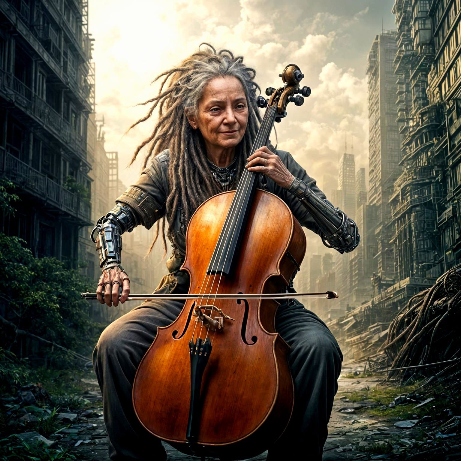 Elderly Woman with Cybernetic Body Plays Cello in Dystopian ...