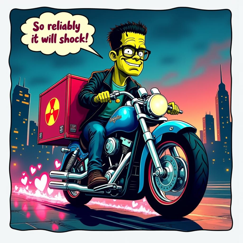 Frankenstein's Monster Motorcycle Delivery in Pop Art Style