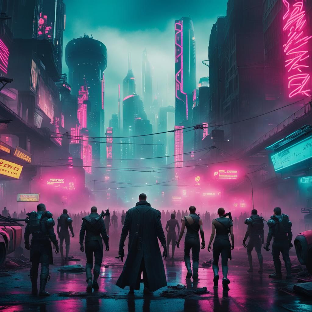 Humans Defend City Against Mechanoids in Cyberpunk Style