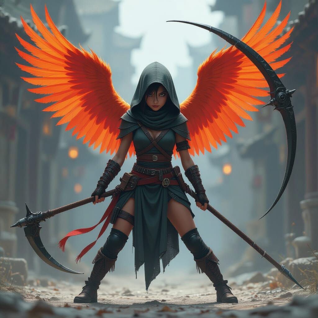 Phoenix-Human Hybrid Assassin with Scythe in Dramatic Scene