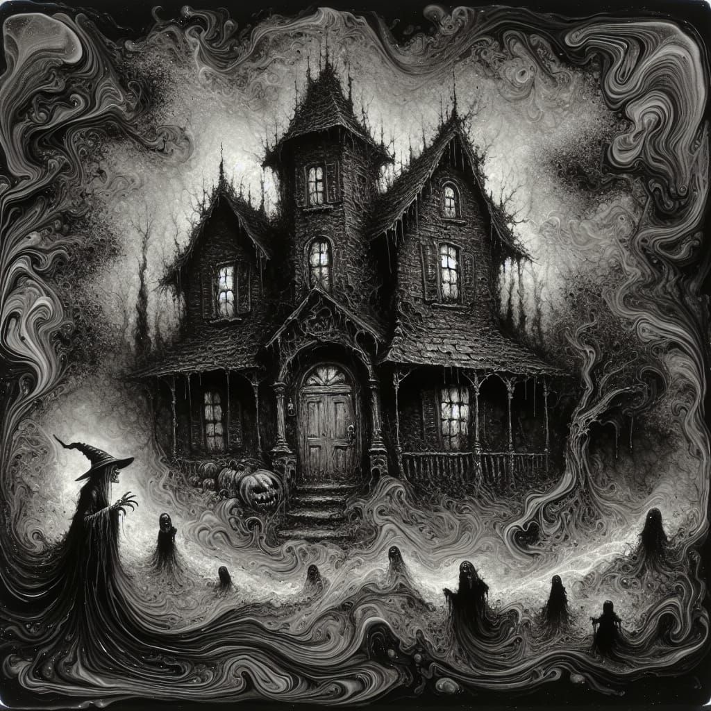 Eerie Haunted House Scene with Witch in Oil Painting Style