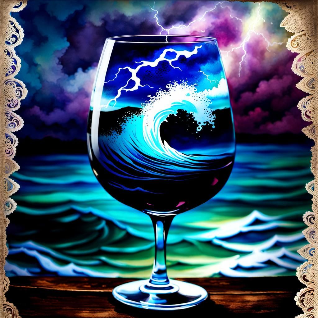 Stormy Sea in Wine Glass: Watercolor Splash Art