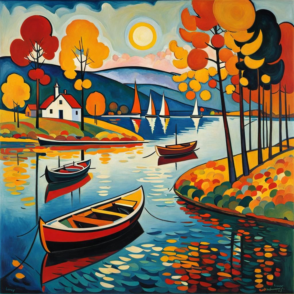Autumn Landscape with Boats in Expressionist Style