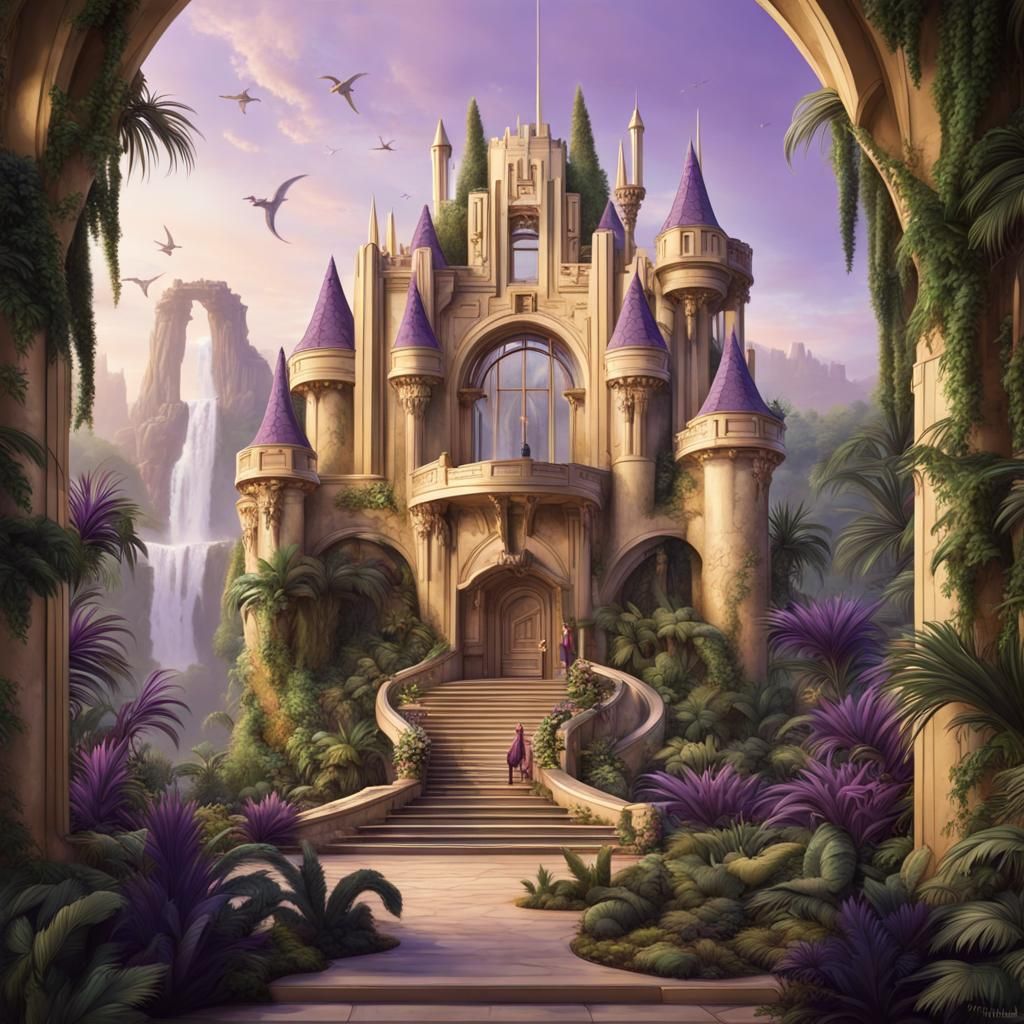 Dinosaurs in Art Deco Castle with Waterfalls