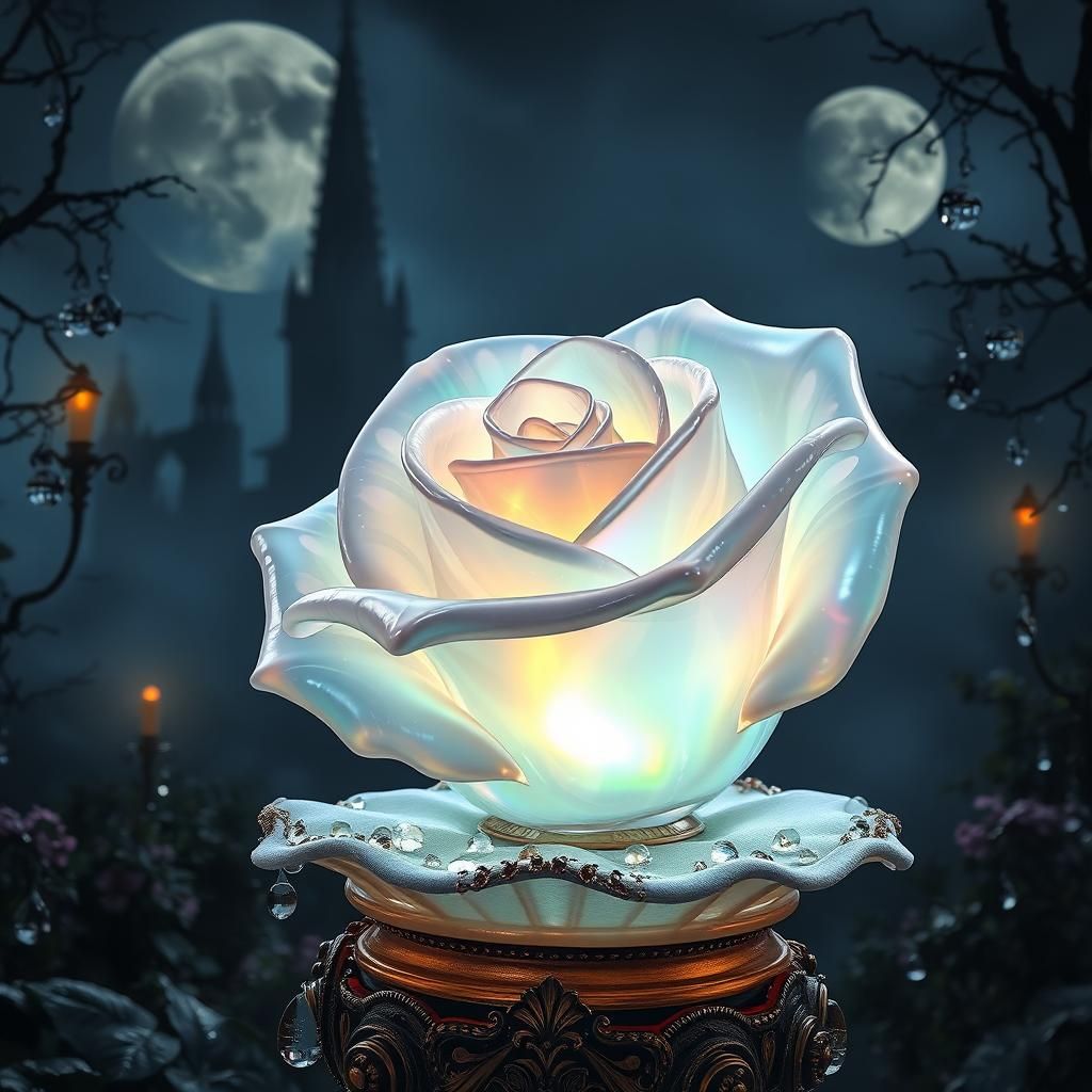 Opal Glass Rose with Dew Drops in Baroque Setting