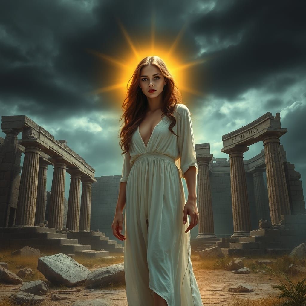 Ethereal Vampire Goddess Before Ruined Temple