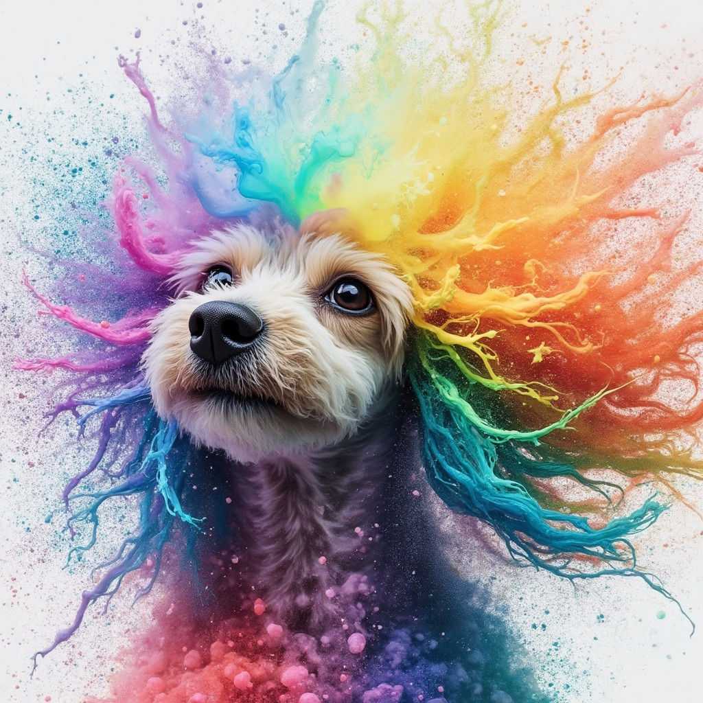 Rainbow Poodle Shaking Colors in Surreal Style