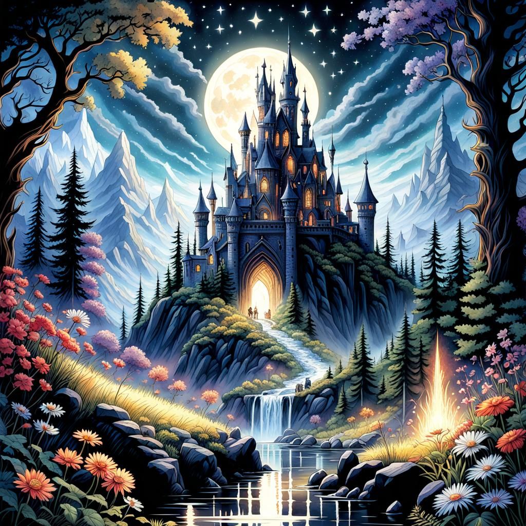 Gothic Watercolor Fantasy Landscape Under a Glittering Moon