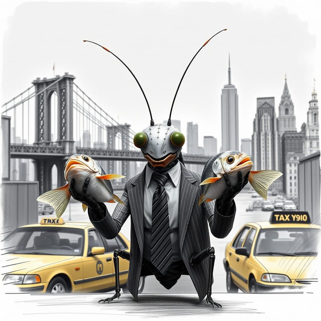 A Mechanical Cricket in Suit and Tie Holding Fish in a Corpo...