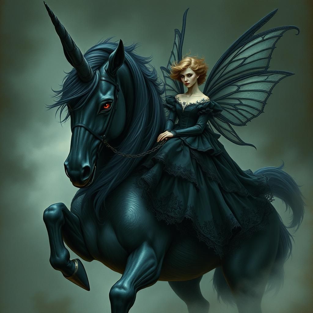 Malevolent Unicorn with Fairy in Dark Fantasy Style