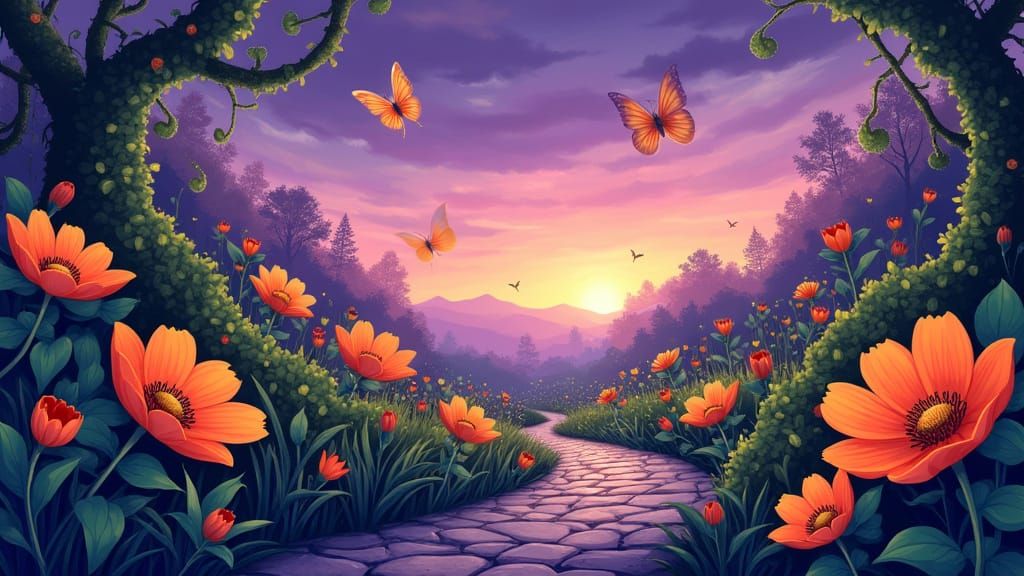 Whimsical Garden at Twilight in Vibrant Purple, Green, and O...