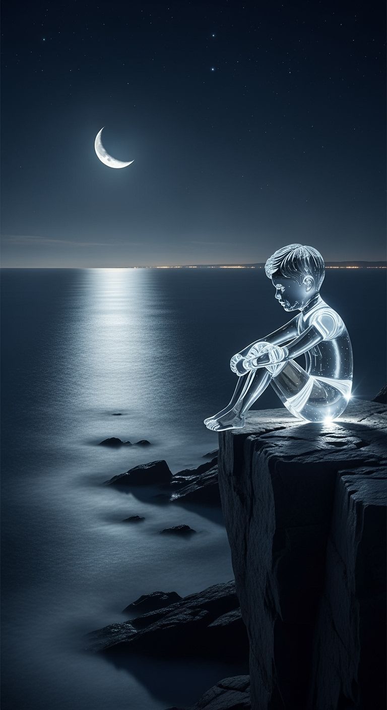Glass Boy Contemplates Moonlit Ocean