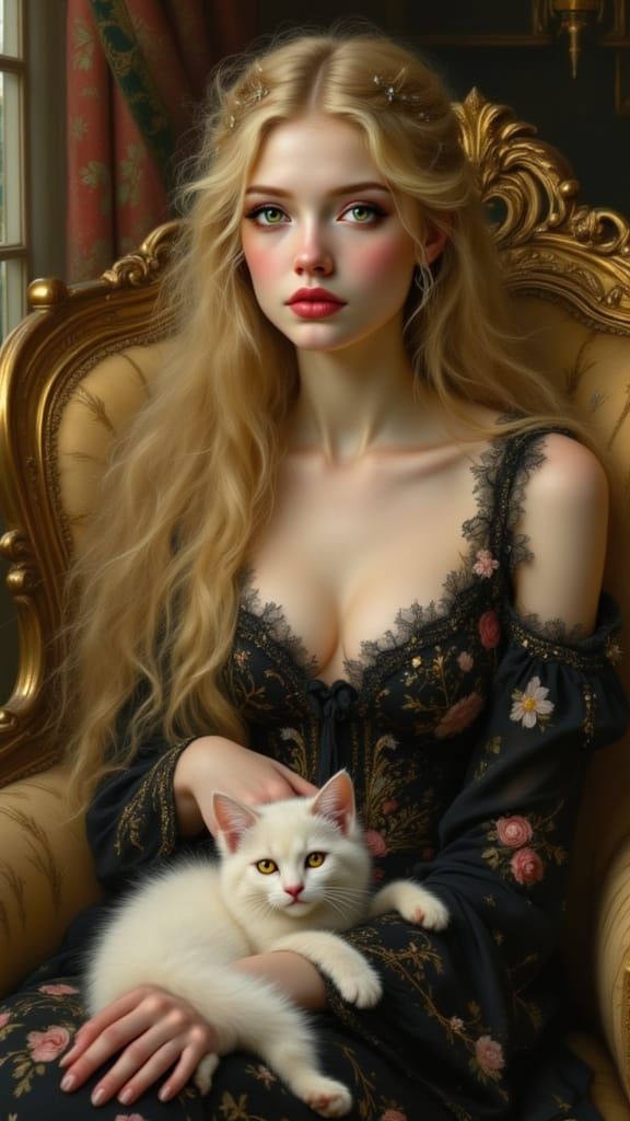 Ethereal Woman with Cat: A Pre-Raphaelite Oil Painting