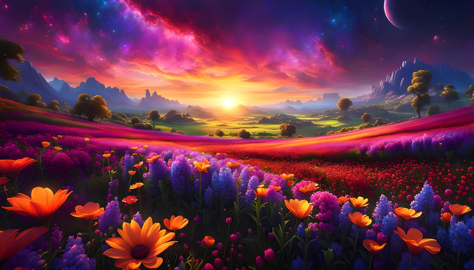 colorful flower field, magic galaxy, paradisic sunset, stunning, epic, detailed matte painting, deep color, fantastical,...