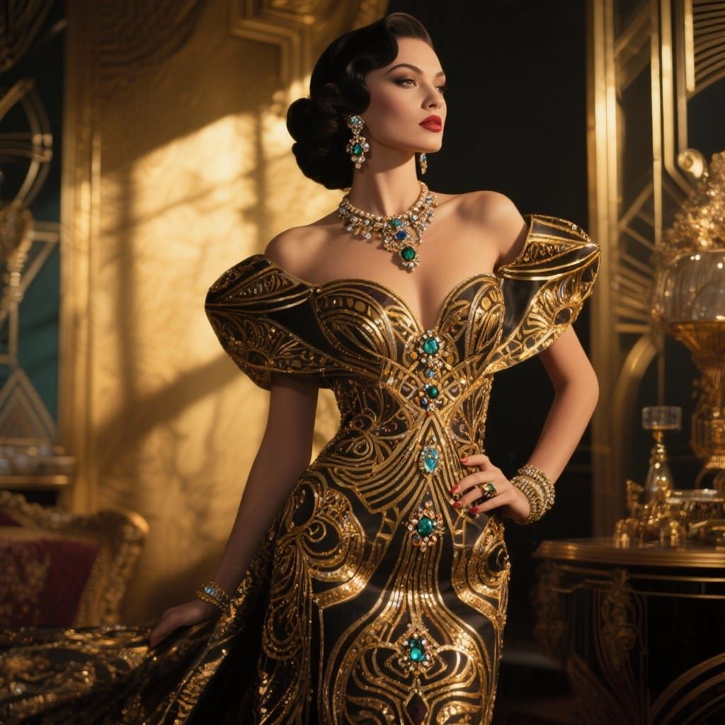 Art Deco Woman in Jewel-Adorned Dress