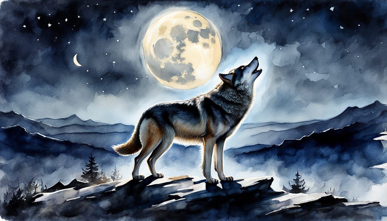 Lone Wolf Howling at Moon in Watercolor Style