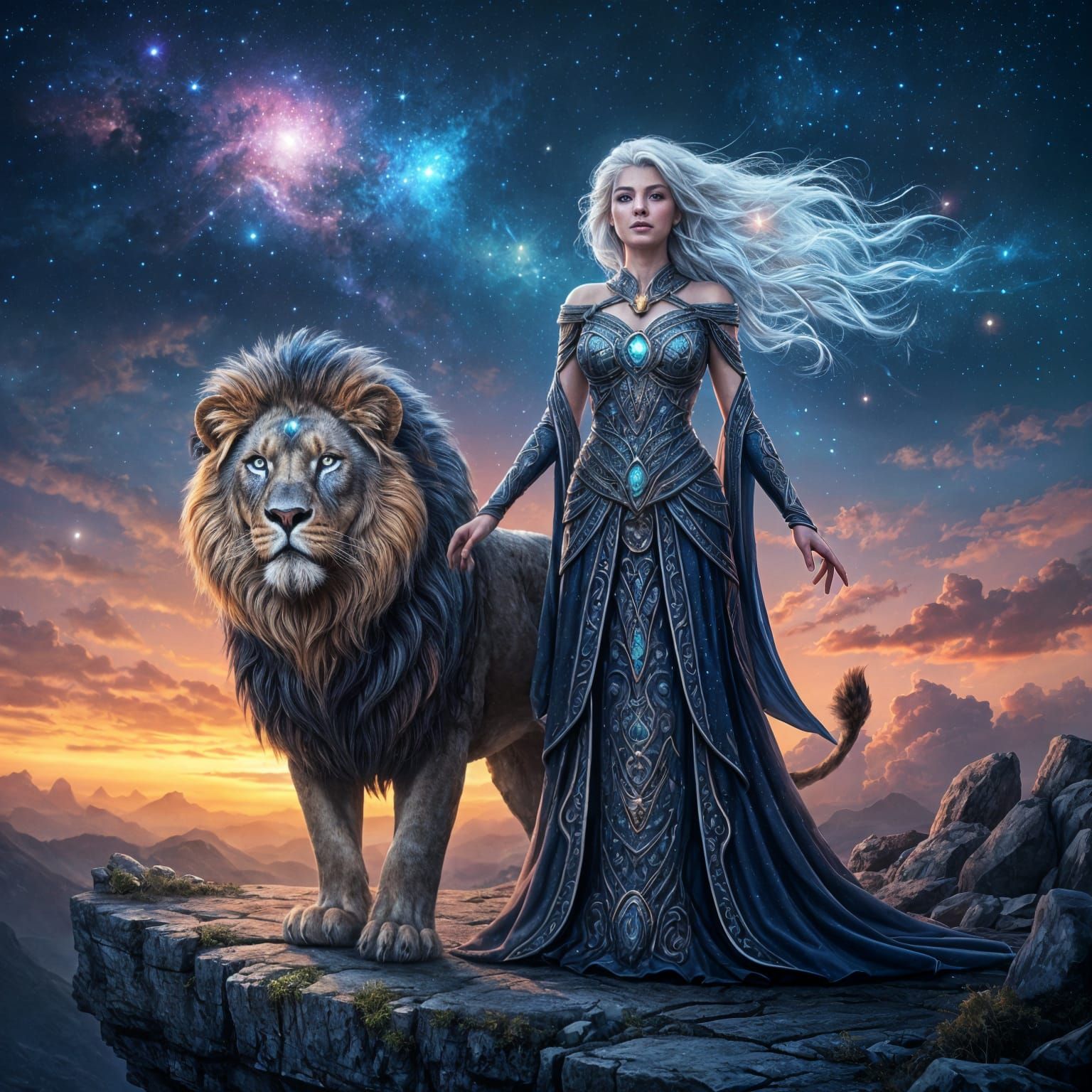 Cosmic Woman and Lion Overlooking Nebula in Splash Art
