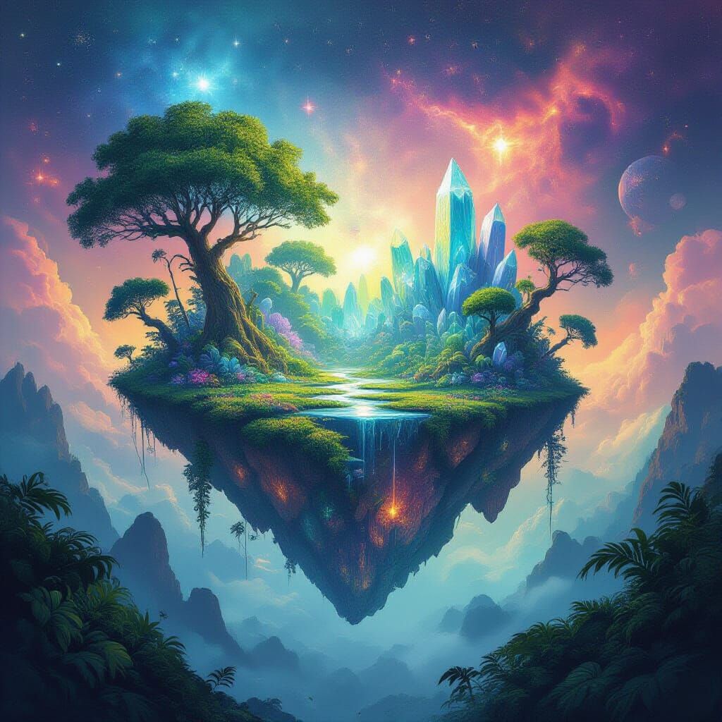 Vibrant Alien Jungle Island Floating in Colorful Nebula