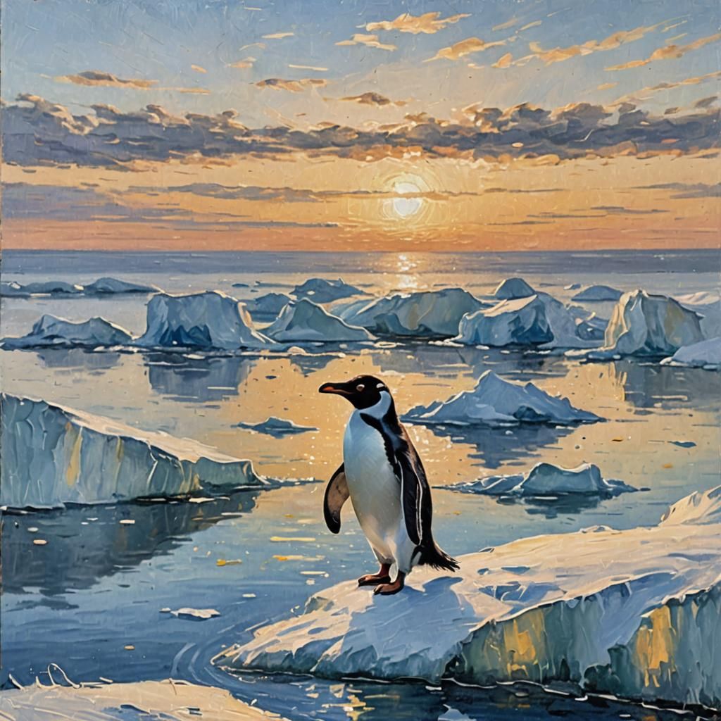 Penguin on Iceberg in Impressionist Wildlife Art