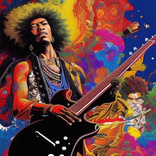 Afro Samurai Jimi Hendrix Inkpunk Gouache Illustration